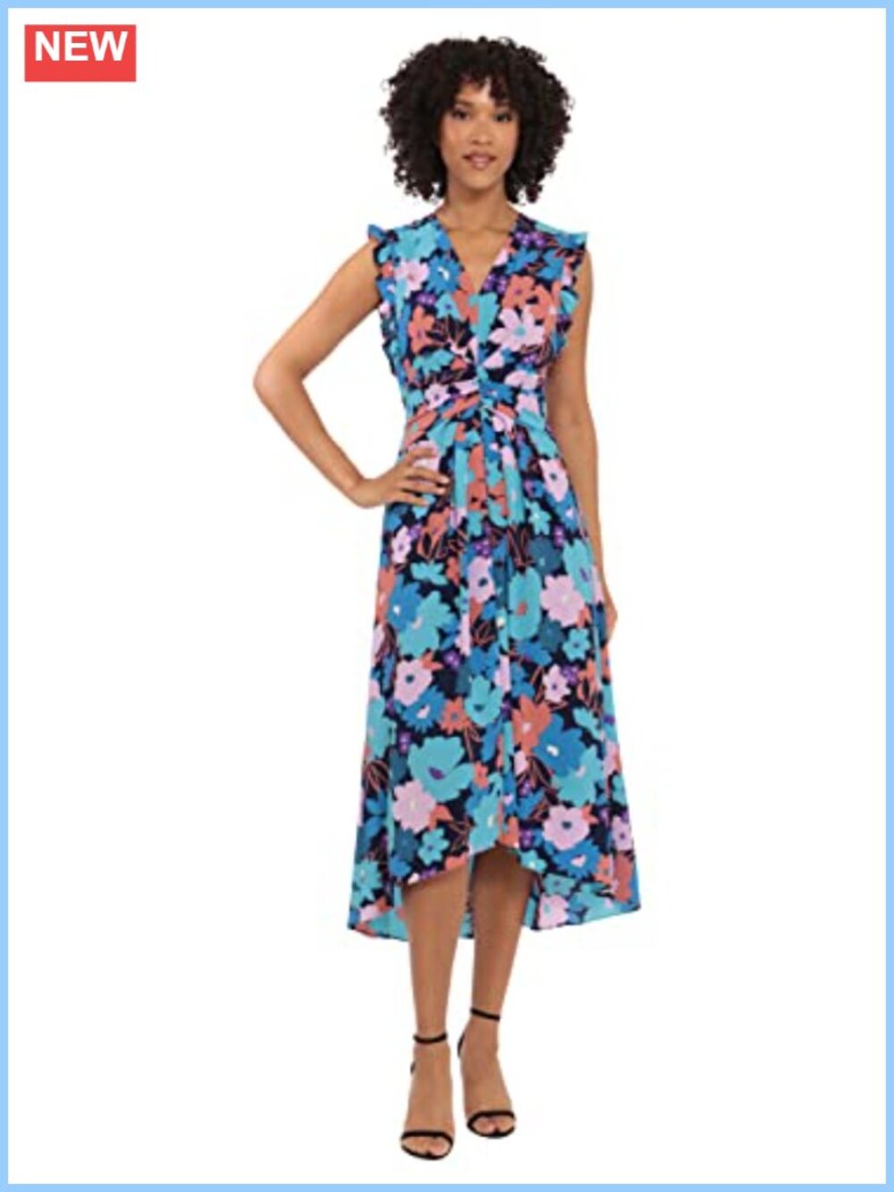 Sleeveless V-Neck Ruffle Midi Dress Ruched Waist Hi-Low Hem